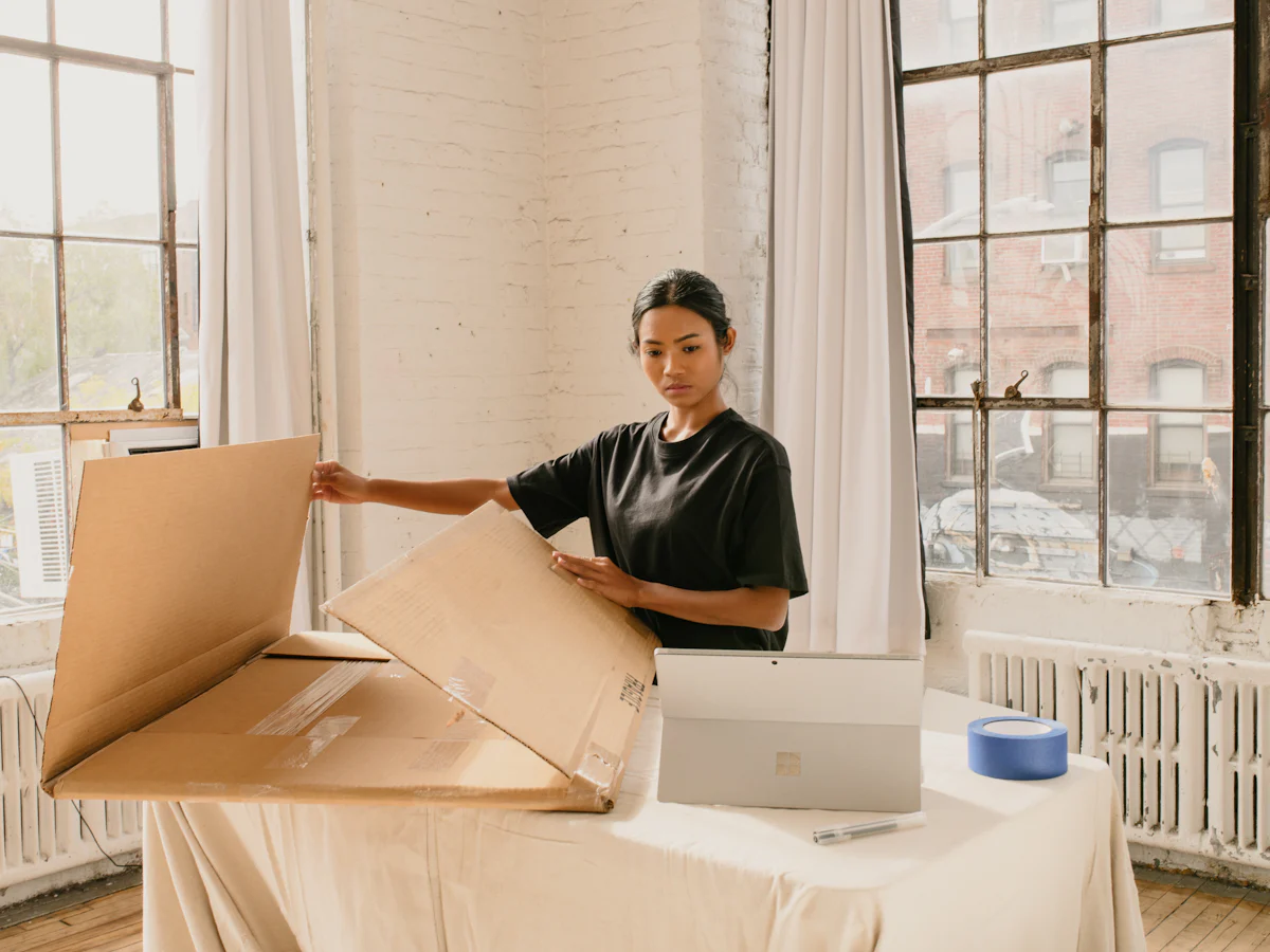 A small business owner packing an order into a cardboard box